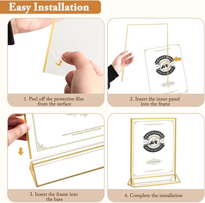 Floroom 6 Pack 8.5x11 Inch Clear Acrylic Sign Holders, Double-Sided Gold Display Stand Picture Frames for Table Numbers, Menus, Flyers, Weddings, and Offices