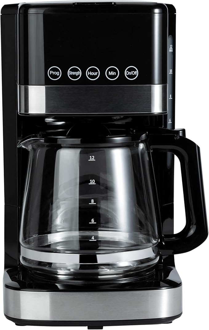 Amazon Basics Programmable 12 Cup Drip Coffee Maker, Coffee Machine with Glass Coffee Pot (1.9 Qt), Auto Shut-off, Touch Screen, Auto Pause, Removable Filter Basket, Black & Silver