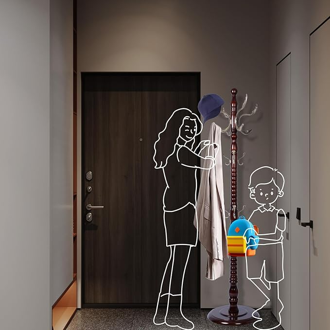 Coat Racks FreeStanding with 14 Hooks, Natural Wood Coat Rack with Solid Round Base, Adjustable Height Coat Racks, Easy Assembly for Hallway, Bedroom and Office (Reddish Brown-Metal Hook)