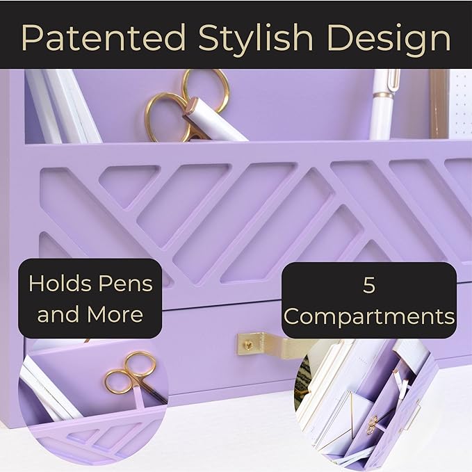 BLU MONACO Mail Organizer Countertop Kitchen - Purple Wood Desk Storage with Drawer - Mail Sorter or Bill Holder for Desk - Farmhouse Accessories & Mail Basket for Counter