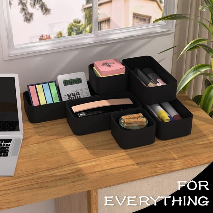 CHANCETSUI 6 PCS Stackable Drawer Organizers Set, Versatile Desk and Vanity Drawer Organizer Trays, Storage Bins for Makeup, Bathroom, Bedroom, Kitchen and Office, Black