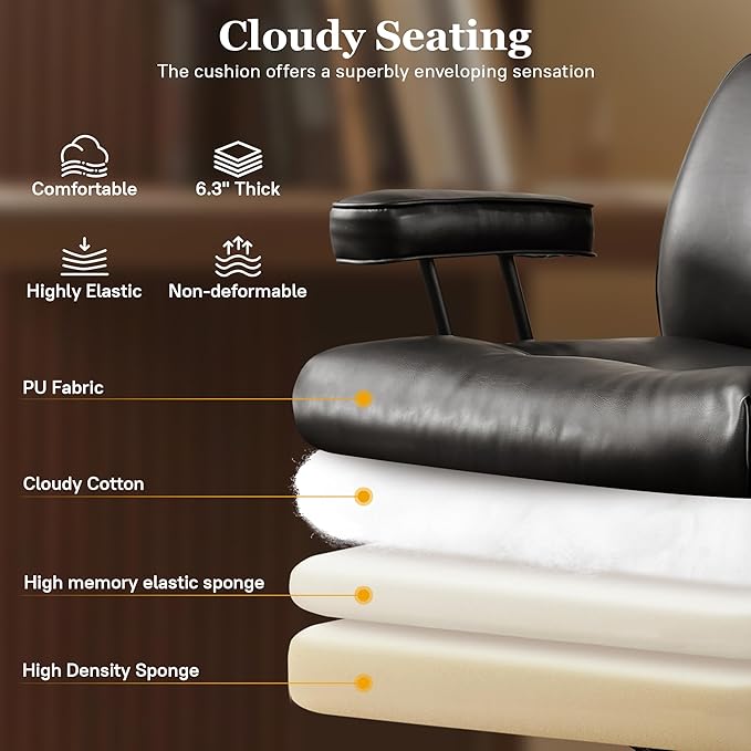 Mid Century Modren Big and Tall Office Chair,Large Ergonomic Executive Chair for Heavy Duty People, Computer Desk Task Chair with Wheels, Faux Lether Fabric Wide Chair for Home Sturdy,Black