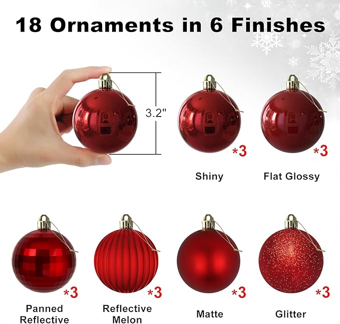 Rose Red 3.2" Large Christmas Balls - Christmas Tree Decoration Ornaments Shatterproof Hanging Balls for Birthday Halloween Holiday Wedding Decorations Set of 18pcs