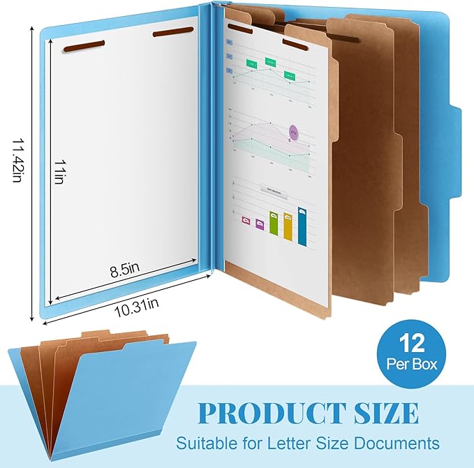 Skyygemm 12 Pcs Classification Folders Letter Size, 3 Divider Pressboard File Folder with Fasteners, Expanding File Organizer Bulk for Teachers, Clergy, Office, Church, Christmas Donations (Blue)