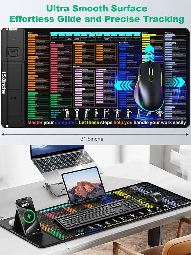 Mouse Pad with Excel Shortcut Keys, Desk Pad with Wireless Charger & Phone Stand, XXL Large Cheat Sheet Mousepad | PC Office Spreadsheet Keyboard Mat | Non-Slip Stitched Edge for Home Office Work