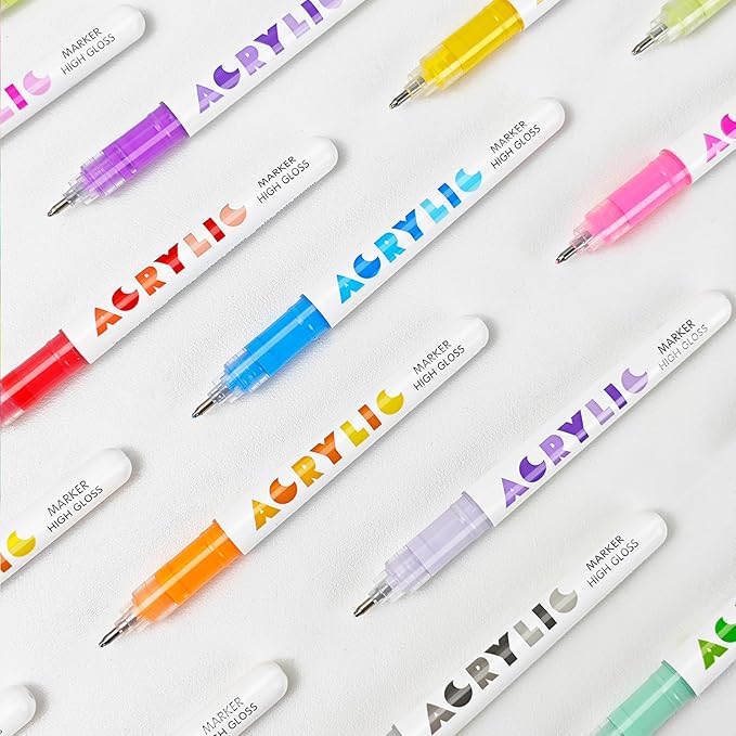 kander Direct High Gloss Acrylic Marker, 12 Colors Acrylic Paint Pens with Bullet Tip, Nicety Fine Tip Gel Pens for Teenagers, Multi-Purpose Art Supplies for Rock Painting, Crafts, DIY