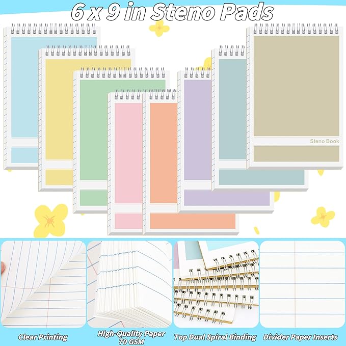 24 Pack Steno Pads 6 x 9 in Spiral Top Notebook Bulk 8 Assorted Color Note Pad 60 Sheets Gregg Rule Writing Paper Steno Notebooks for Students Teachers Men Women Professionals Office School Recording