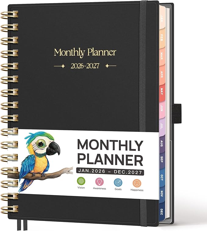 RETTACY 2026-2027 Monthly Planner, Jan 2026 - Dec 2027, Medium Size (5.7" x 8.3"), Agenda, Calendar, 24 Month Tabs, Flexible Plastic Cover, 100 GSM Thick Paper, Spiral-bound (Black)