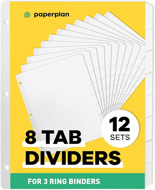 Binder Dividers with Tabs - (Set of 12) x 8-Tab Dividers for 3 Ring Binders, White, Reinforced Edge - Ideal for Keeping Your Documents Neat and Professional