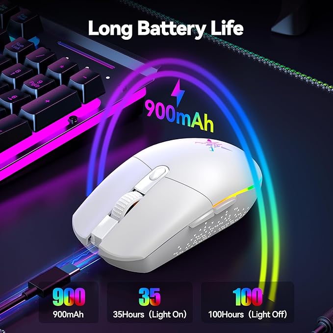 TECKNET Wireless Gaming Mouse - 8000 DPI, RGB Backlit, 6 Programmable Buttons, 100Hrs Battery Life, Dual Mode [2.4G & USB-C] for Laptop,PC,Mac - White