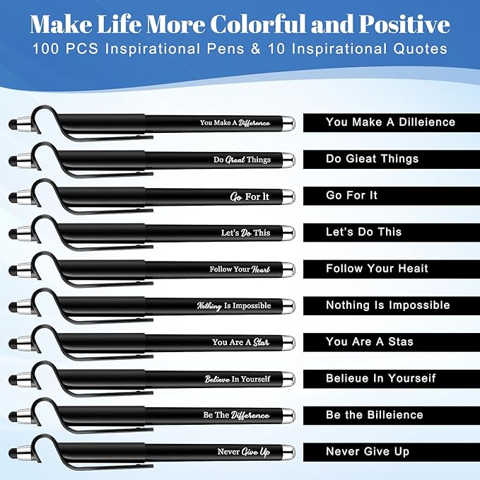 100 Pcs Inspirational Pens Bulk Black Motivational Ballpoint Pen with Writing Touch Screen and Mobile Phone Stand 3-in-1 for Office School Supplies Inspirational Gifts