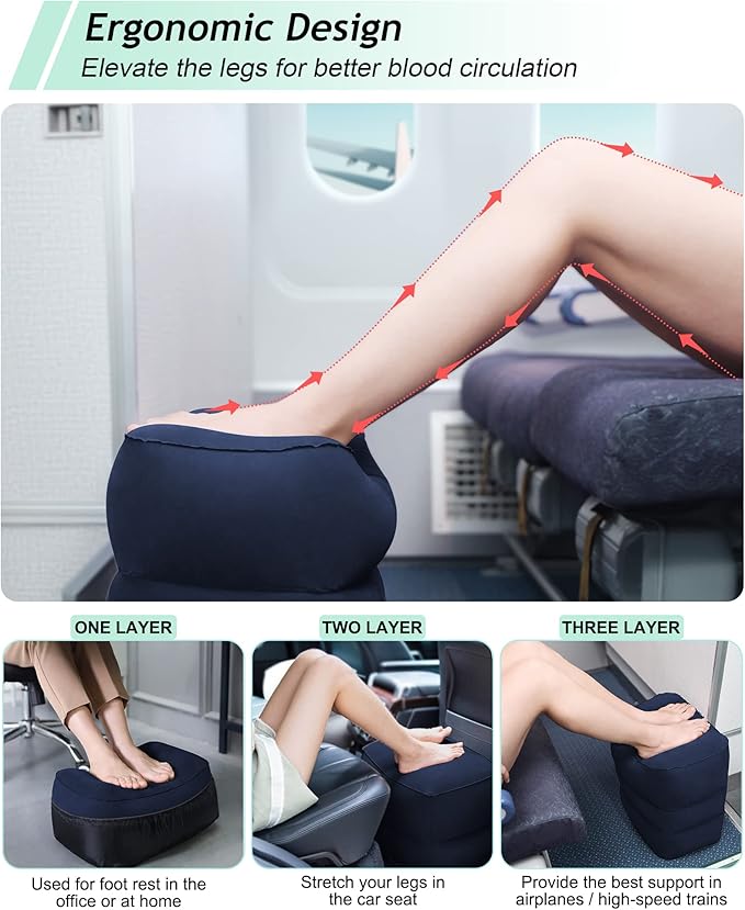 JefDiee Inflatable Travel Foot Rest Pillow, Kids Airplane Bed, Adjustable 3 Layers Height Leg Rest Pillow, Adults Travel Essentials Great for Airplane, Office, Home, Trains, Cars (Blue)