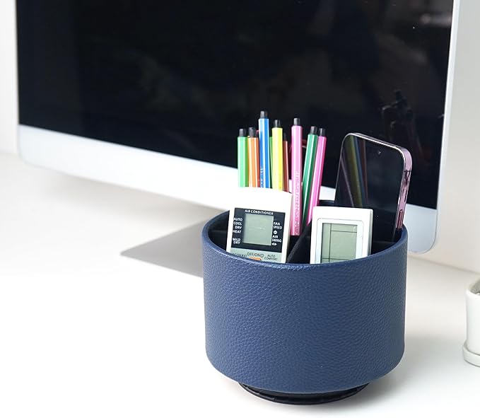 Hennaja Round Leather Art Supply Organizer,Remote Control Holder,360 Degree Spinning,Multi-Functional Pencil Holder,4 Compartments Desktop Stationary Organizer(1-Lichee Blue)