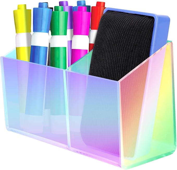 Magnetic Dry Erase Marker Holder for Whiteboard，Acrylic Magnetic Pen Holder for Fridge, 2 Compartments Whiteboard for Office, Home, Locker(Clear)-Colorful