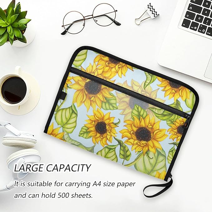 Expanding File Folder,13 Pocket Accordion File Folders with Sticky Labels, A4 Letter Size Paper Document Organizer with Zipper Closure for Office School,Hand Painted Sunflower