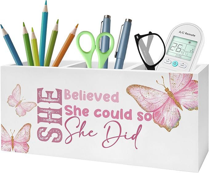 She Believed She Could Pencil Pen Holder for Desk, Inspirational Gifts for Women, Retro Coquette Butterfly Wooden Pencil Holder Organizer for Home Office Desk Accessories