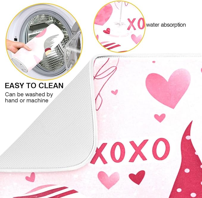 Happy Valentine Hearts Gnomes Dish Drying Mat 16 X 18 In Red Love Absorbent Microfiber Dry Dishes Pads Tableware Mats Protector for Kitchen Countertops Counter Home Decorations