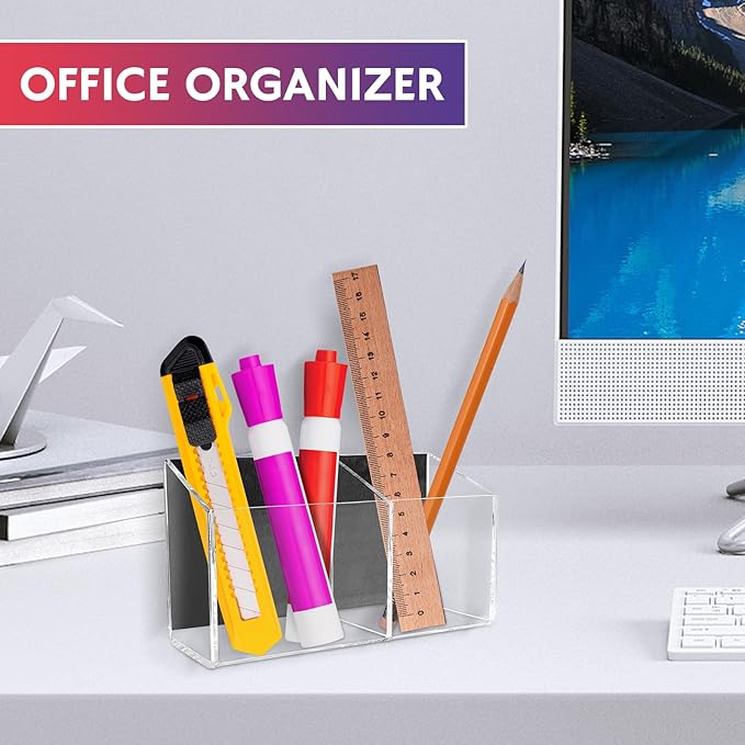 Magnetic Dry Erase Marker Holder for Whiteboard，Acrylic Magnetic Pen Holder for Fridge, 2 Compartments Whiteboard for Office, Home, Locker(Clear)-Brown