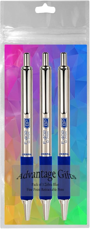 Zebra F-402 Ballpoint Stainless Steel Retractable Pen, Fine Point, 0.7mm, Blue Ink, 3-Count Bundle with Plastic Reusable Pouch