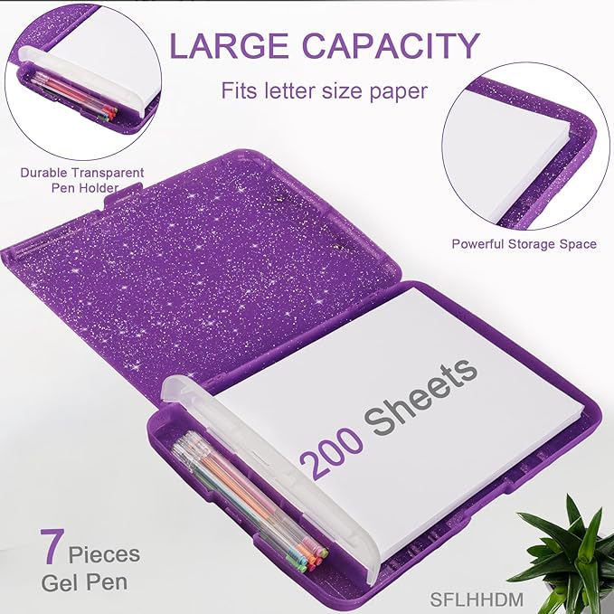 Glitter Clipboard with Storage,Storage Clipboard with Pen Holder,A4 Binder Clip Boards 8.5x11 with Low Profile Clip,Side Opening Sparkle Clipboards, Clipboards Folder for Office Supplies-Dark Purple