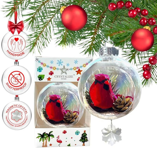 Cardinal Christmas Ornament - Handmade Shatterproof Decorations for Indoor Outdoor Xmas Tree - Clear Ball Ornaments with Magnetic Crystal - Great Gift or Stocking Stuffer for Mom, Sister, Friend