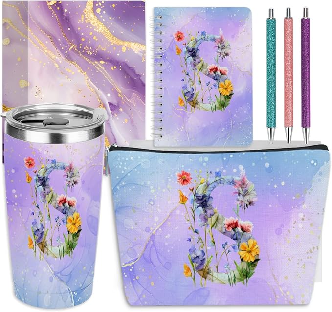 Personalized Gifts for Women Monogrammed Birthday Gifts for Women, Wife Girlfriend Christmas, Initial 20 oz Tumbler, Makeup Cosmetic Bag Cup Pens Journal Notebook 6 Set, (Aesthetic Purple Flower S)