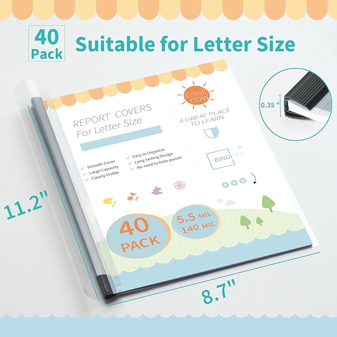 Binditek 40 Pack Clear Report Covers with Black Sliding Bars, 70 Sheet Capacity, 9mm Binding Bars, Letter Size, 5.5 Mil Thick, Black, for Students and Coworkers