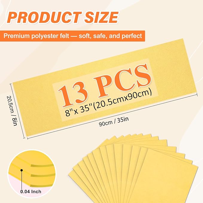 XSEINO 13 Rolls Warm Yellow Felt Fabric,8"x35"(20.5x90cm) 1.4mm Thick Soft Felt Fabric Sheet for Crafts,Warm Yellow Series Colors Soft Nonwoven Fabric,Fit for Decoration, Sewing, DIY Crafts