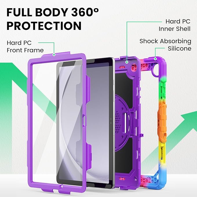 SEYMAC Case for Samsung Galaxy Tab A9+/ A9 Plus 11" (SM-X210/X216/X218), Heavy Duty Shockproof Protective Case with Screen Protector, Rotating Stand, Hand/Shoulder Strap, Purple