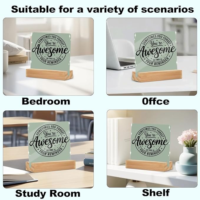 Motivational Office Decor Sign, Inspirational Quotes Acrylic Sign With Wooden Stand, Thank You Gifts for Home Office Desk Decorative Signs for Tabletop Cubicle Shelf Desk Accessories Decor