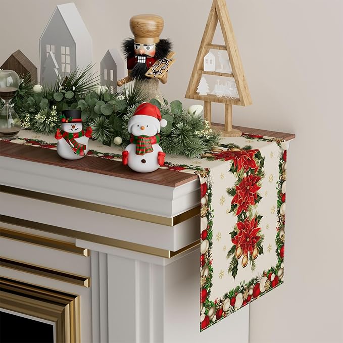 XCHI Christmas Poinsettias Leaves Bells Snowflakes Winter Xmas Table Runner Table Decoration for Home Kitchen Dining Holiday Decor 13x36 Inch