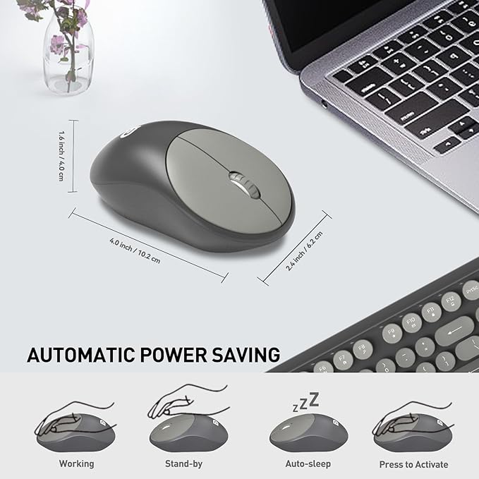 Wireless Keyboard and Mouse Combo, 2.4 GHz Wireless Full-Sized Typewriter Keyboard with Round Keycaps for Windows, Computer, Desktop, PC, Laptop (Grey)