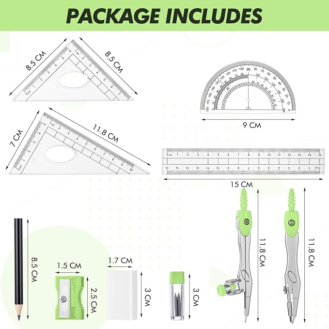 Zonon Math Geometry Set 10 Pcs Student Supplies with Shatterproof Storage Box, Includes Rulers Protractor Compass Pencil Sharpener Lead Refills Eraser Pencil for Drafting and Drawings(Green)