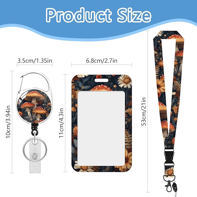 Lanyards with Id Holder, Mushroom ID Badge Holder with Retractable Lanyard, ID Holder with Badge Reel Clips, Name Tag ID Card Holder Teacher Women Doctor Office Gift