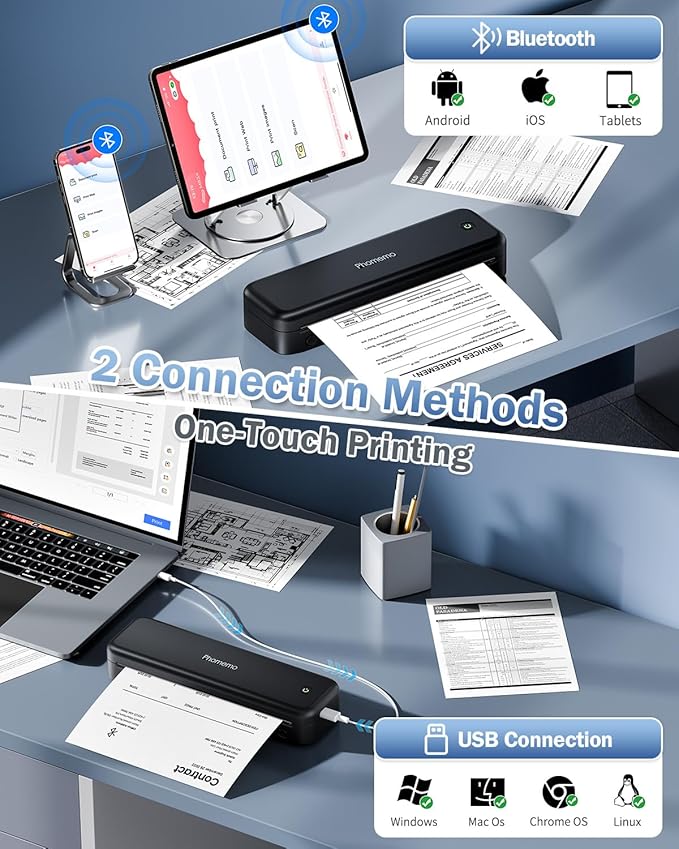 Phomemo M834 Portable Printer Wireless for Travel Upgraded, Bluetooth Thermal Printer 8.5" x 11"&A4, Compatible with iOS,Android & PC,Inkless Mobile Printers for Travel,Office,School,Home,Black