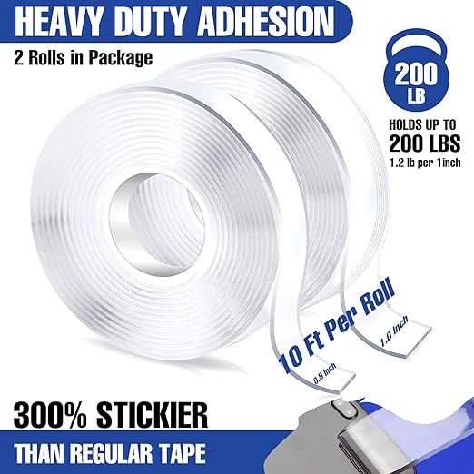 Double Sided Tape Heavy Duty, 20ft Two Sided Nano Tape Adhesive,Double Stick Mounting Tape for Rug, Removable Wall Tape Sticky Poster Decor Carpet Tape(2 Rolls)