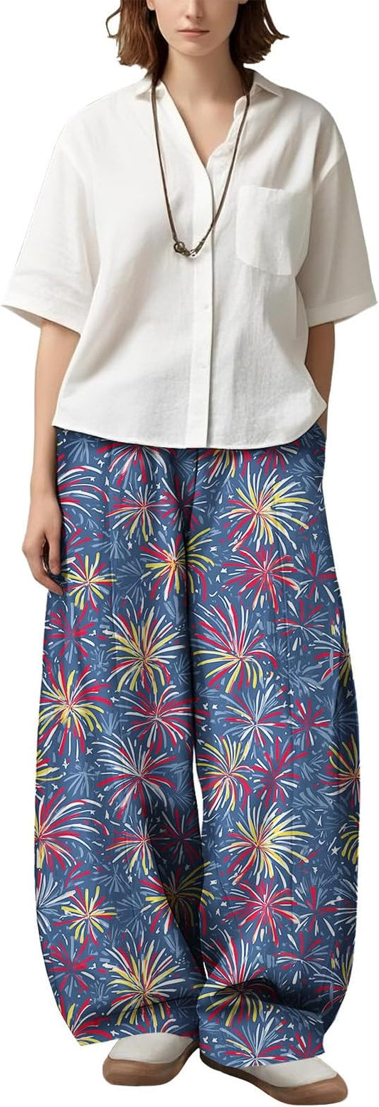 Zaswen Women's Oversize Loose Fit Breathable Pants Wide Leg Lounge Pants Fashion Casual Fireworks Print Trousers with Pockets