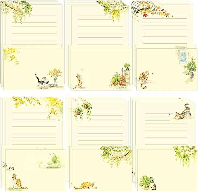 36PCS Cat Theme Stationery Set, Warm Yellow Healing Style Letter Writing Paper with Cute Kitty Illustrations and Envelopes for Letters, Invitations, Holiday Greetings, Party Notes and Gifts