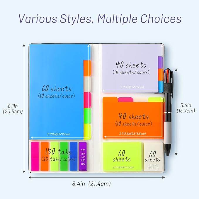 Hommie Updated Transparent Sticky Note Pads with Color Ballpoint Pen, Clear Sticky Tabs Translucent Page Flags Book Markers Stickers, Waterproof Self-Adhesive Pad, Bible Study Office School Supplies