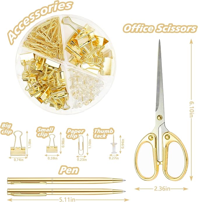 Gold Office Supplies,UPIHO Gold Desk Accessories,Stapler and Tape Dispenser Set with Large Stapler,Tape Dispenser, Staple Remover, Staples, Clips,Scissor,Pen and Sticky Notes,Gifts for Office Clerks