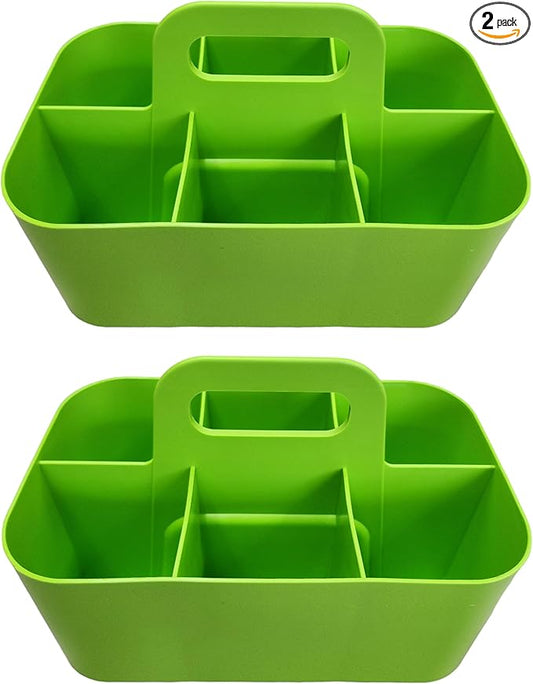 2 Pack Small 6 Compartment Multiuse Caddy Organizer with Handle Art Craft Supplies, Office, Desk, Stationery Pen Holder Stackable- Made In USA (Green)