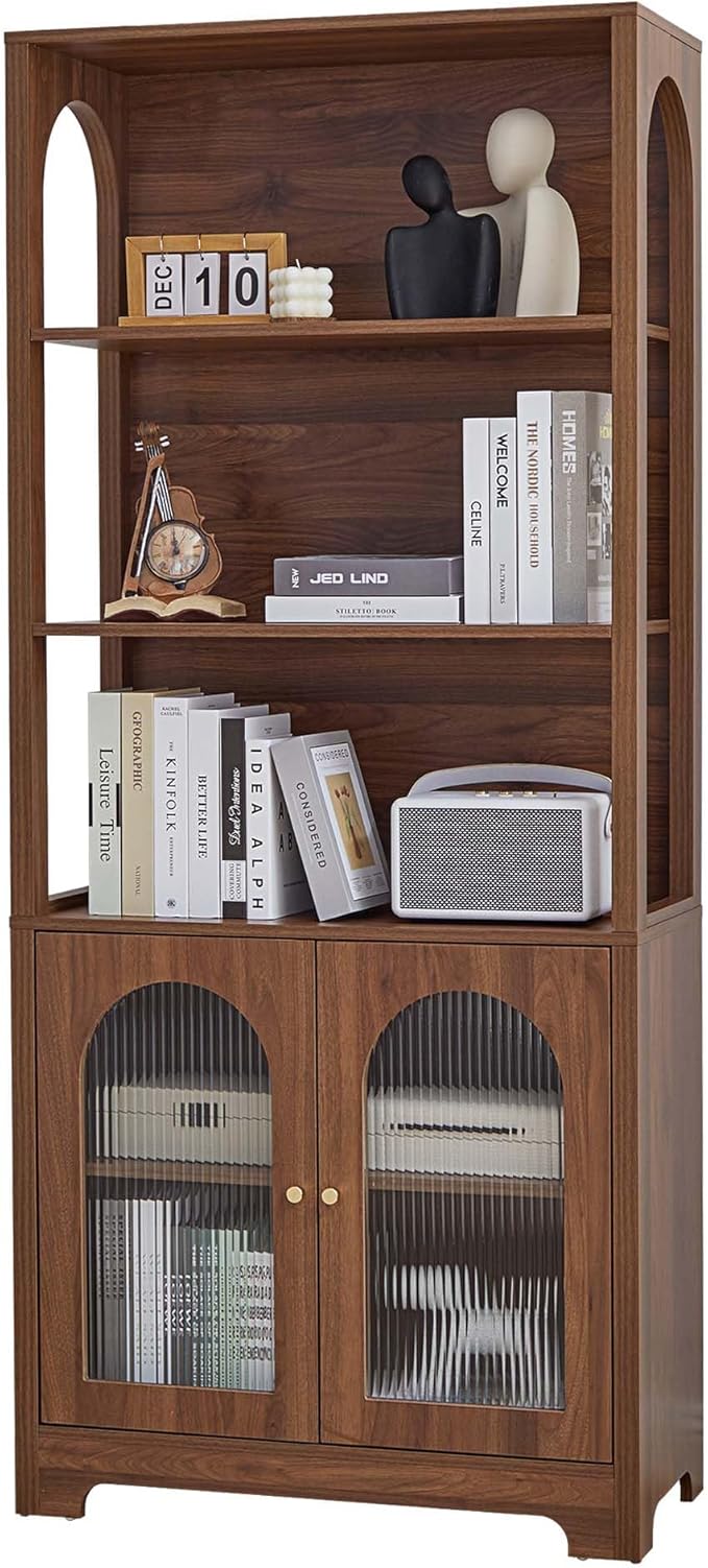 RARZOE 71" Tall Bookshelf and Bookcase, 5-Tier Arched Bookshelf with Glass Doors, Floor Standing 5 Shelf Book case, Wood Display Cabinet Storage Organizer for Living Room, Bedroom, Office(Walnut)