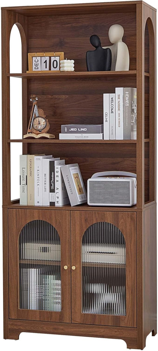 RARZOE 71" Tall Bookshelf and Bookcase, 5-Tier Arched Bookshelf with Glass Doors, Floor Standing 5 Shelf Book case, Wood Display Cabinet Storage Organizer for Living Room, Bedroom, Office(Walnut)