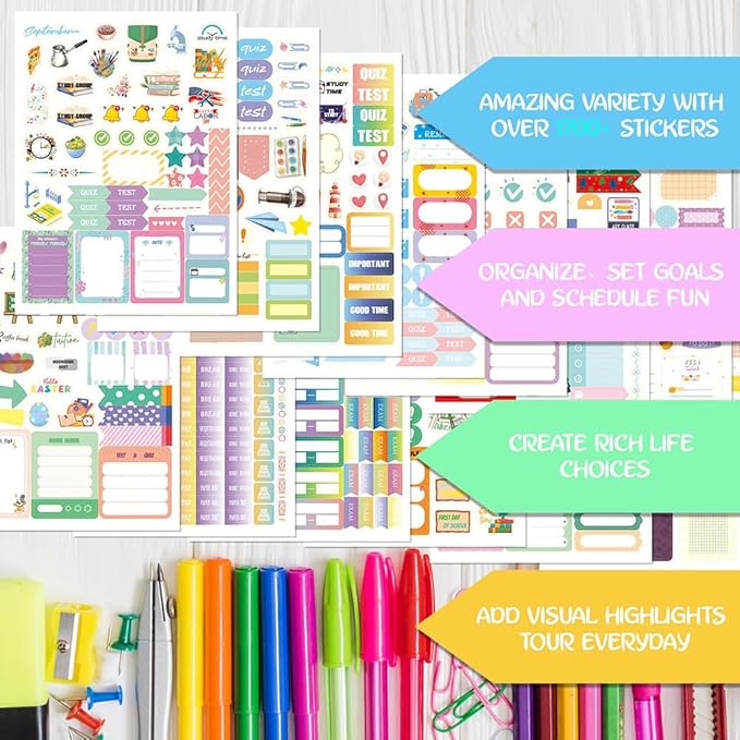 1700+ Planner Stickers Book, 24 Sheets Waterproof Repositionable Stickers for Journal, Bullet Planner, Scrapbook & Calendar, Functional Decorative Sticker Set & Gift (Student Theme)