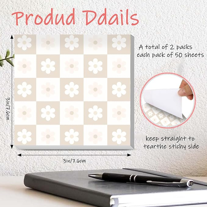 Sticky Notes 3x3 Inches, 2 Pads Cute Colorful Self-Stick Note Pads, Easy to Post for Home, Office and Daily Life Organization Cute Chedkerboard Flowers