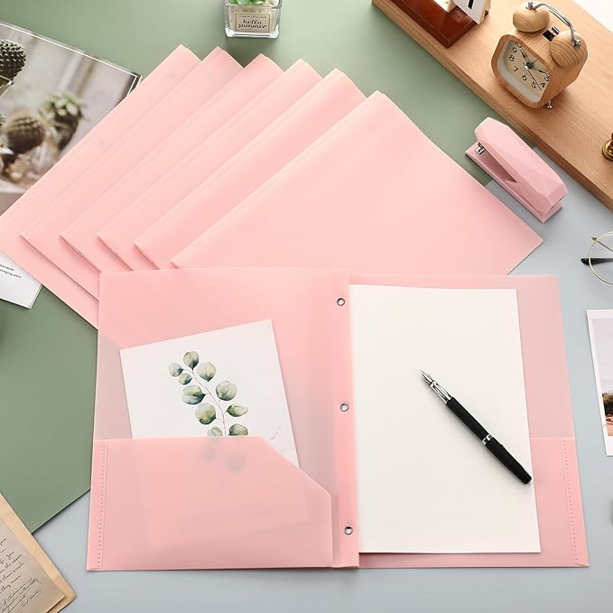 Patelai 48 Pcs Plastic Folders with 2 Pockets and 3 Prongs Home Folders with Card Slot Letter Size Heavy Duty Report Covers for Back to School(Pink,Classic)