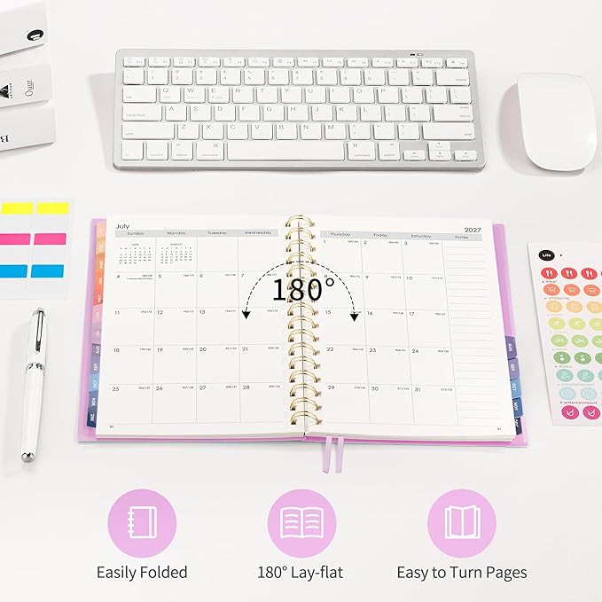 RETTACY 2026-2027 Monthly Planner, Jan 2026 - Dec 2027, Medium Size (5.7" x 8.3"), Agenda, Calendar, 24 Month Tabs, Flexible Plastic Cover, 100 GSM Thick Paper, Spiral-bound (Lilac)