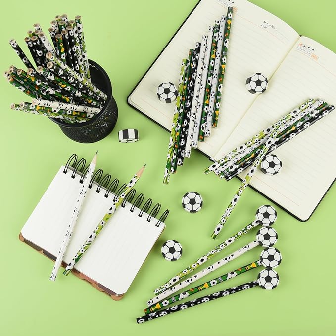48 Pcs Soccer Pencils and Erasers for Sports Birthday Gifts Assortment Stationery Pencils for Students Office School Classroom Supplies