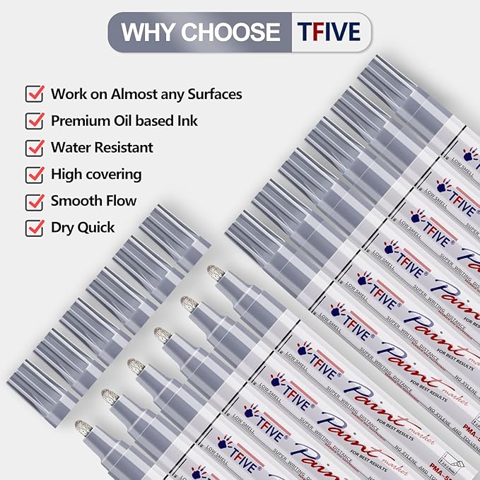 TFIVE Silver Paint Pens Markers - 12 Pack Oil Based Permanent Marker, Medium Tip, Never Fade, Quick Dry, Waterproof Paint Pen for Rocks Painting, Wood, Fabric, Plastic, Canvas, Glass, Metal