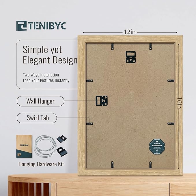 12x16 Oak Picture Frame 3 Pack, Natural Wood Grain, HD Tempered Glass, Wall Hanging